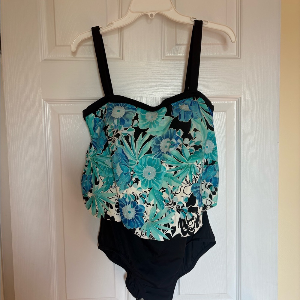 Maxine of Hollywood Floral Blue,Teal and Black Kids One Piece